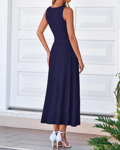 BTFBM Women Midi Bodycon Tank Dress Summer Crewneck Sleeveless Pleated A Line Business Casual Knit Sweater Fall Dresses - 7DAY'S