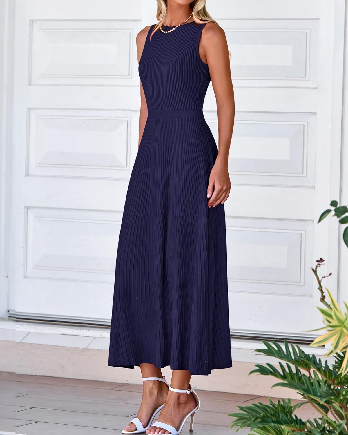 BTFBM Women Midi Bodycon Tank Dress Summer Crewneck Sleeveless Pleated A Line Business Casual Knit Sweater Fall Dresses - 7DAY'S