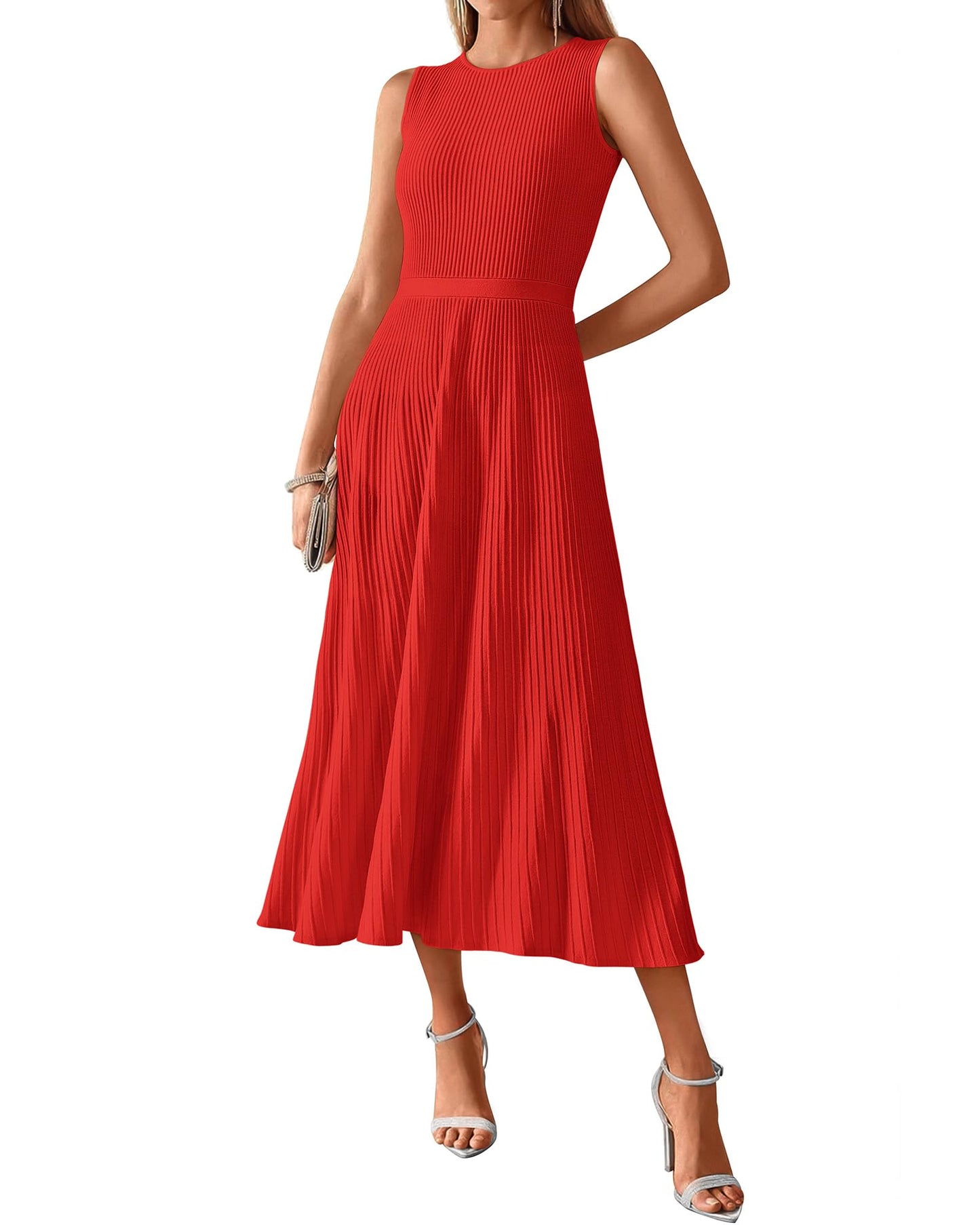 BTFBM Women Midi Bodycon Tank Dress Summer Crewneck Sleeveless Pleated A Line Business Casual Knit Sweater Fall Dresses - 7DAY'S