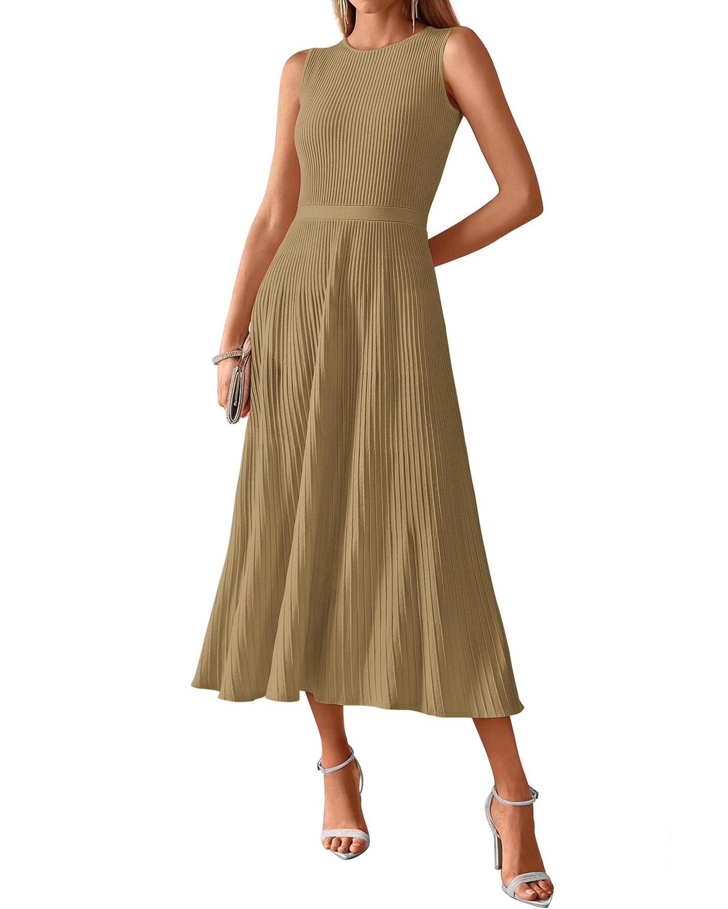 BTFBM Women Midi Bodycon Tank Dress Summer Crewneck Sleeveless Pleated A Line Business Casual Knit Sweater Fall Dresses - 7DAY'S