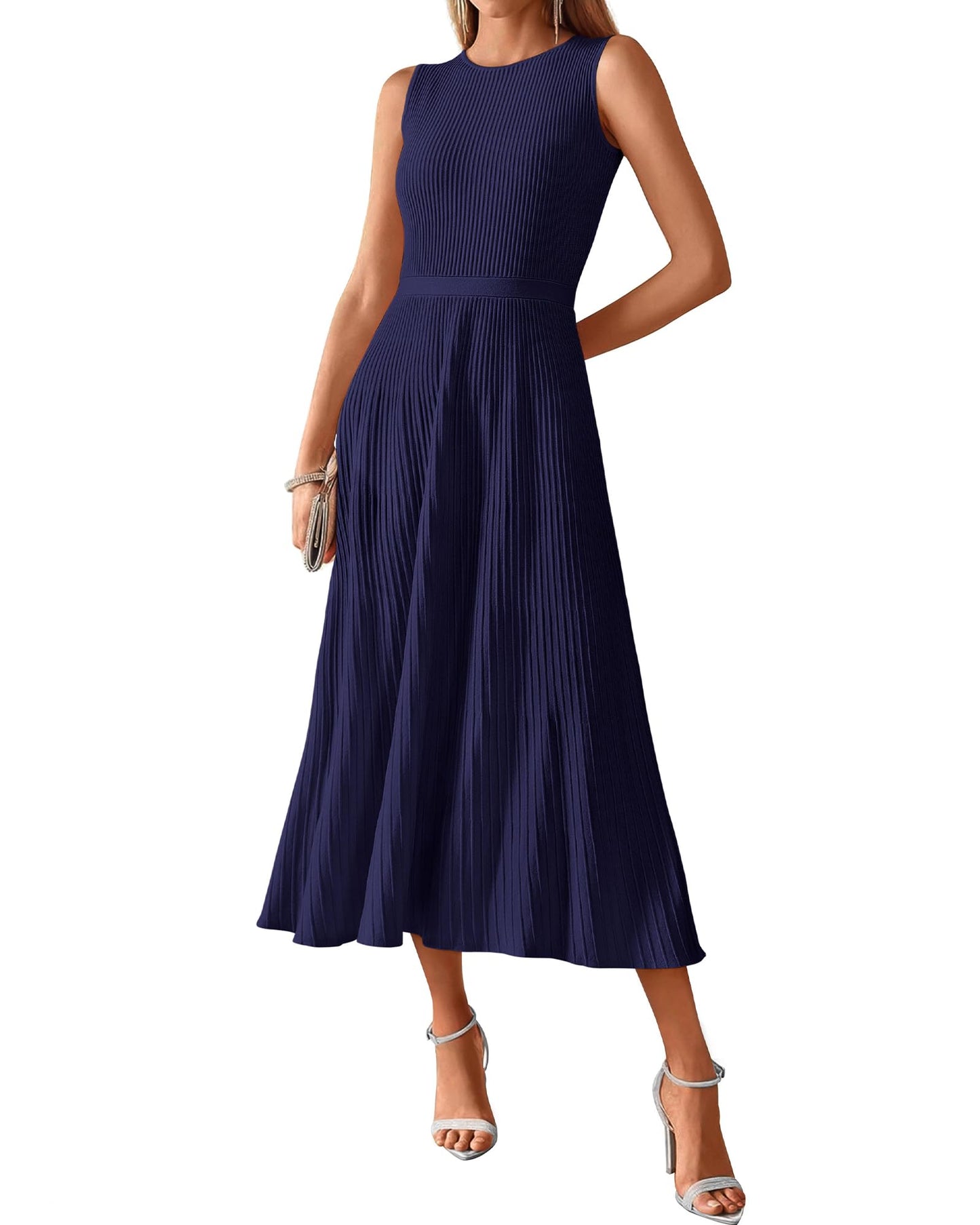 BTFBM Women Midi Bodycon Tank Dress Summer Crewneck Sleeveless Pleated A Line Business Casual Knit Sweater Fall Dresses - 7DAY'S