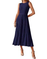 BTFBM Women Midi Bodycon Tank Dress Summer Crewneck Sleeveless Pleated A Line Business Casual Knit Sweater Fall Dresses - 7DAY'S