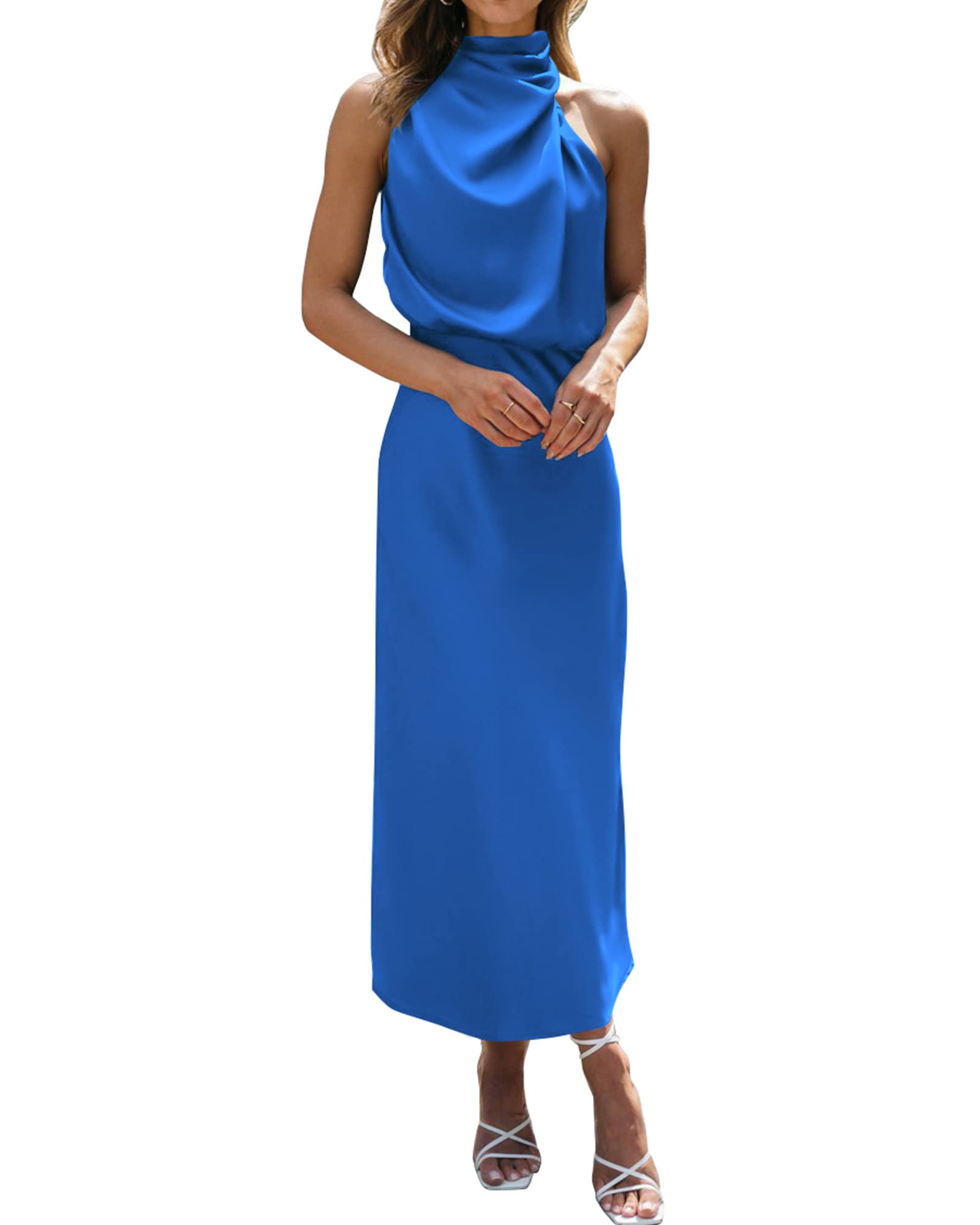 BTFBM Women Sleeveless Cocktail Dresses Fall Mock Neck Keyhole Elastic High Waist Evening Party Maxi Wedding Guest Dress - 7DAY'S