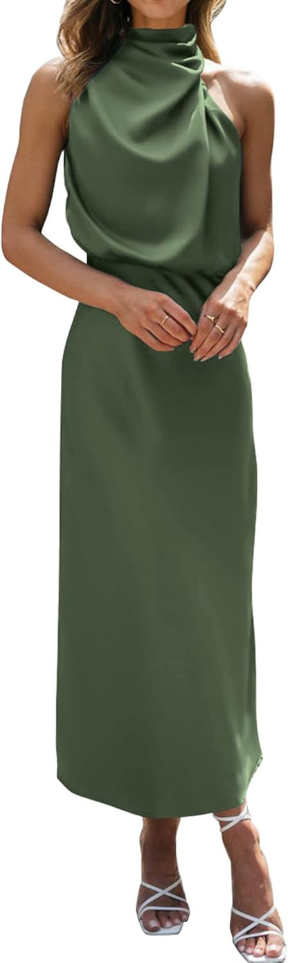 BTFBM Women Sleeveless Cocktail Dresses Fall Mock Neck Keyhole Elastic High Waist Evening Party Maxi Wedding Guest Dress - 7DAY'S