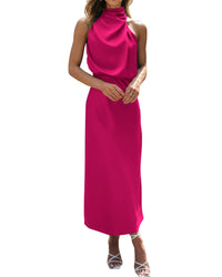 BTFBM Women Sleeveless Cocktail Dresses Fall Mock Neck Keyhole Elastic High Waist Evening Party Maxi Wedding Guest Dress - 7DAY'S