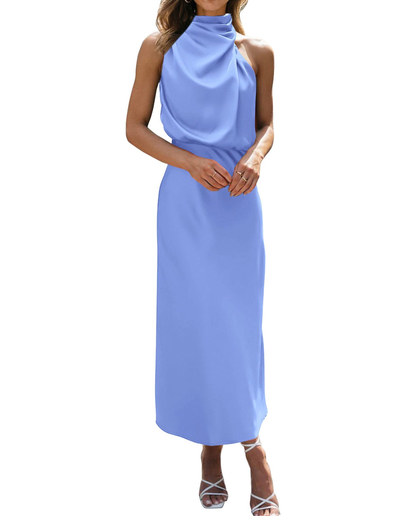 BTFBM Women Sleeveless Cocktail Dresses Fall Mock Neck Keyhole Elastic High Waist Evening Party Maxi Wedding Guest Dress - 7DAY'S