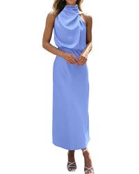 BTFBM Women Sleeveless Cocktail Dresses Fall Mock Neck Keyhole Elastic High Waist Evening Party Maxi Wedding Guest Dress - 7DAY'S