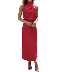 BTFBM Women Sleeveless Cocktail Dresses Fall Mock Neck Keyhole Elastic High Waist Evening Party Maxi Wedding Guest Dress - 7DAY'S