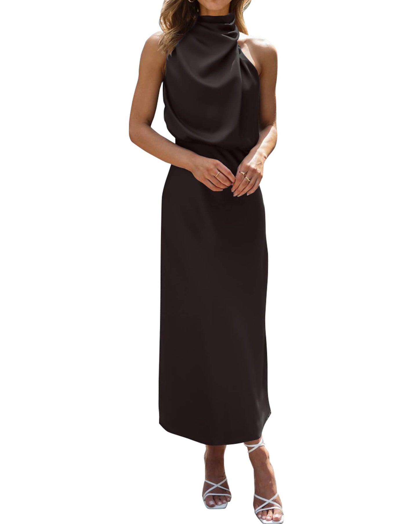 BTFBM Women Sleeveless Cocktail Dresses Fall Mock Neck Keyhole Elastic High Waist Evening Party Maxi Wedding Guest Dress - 7DAY'S