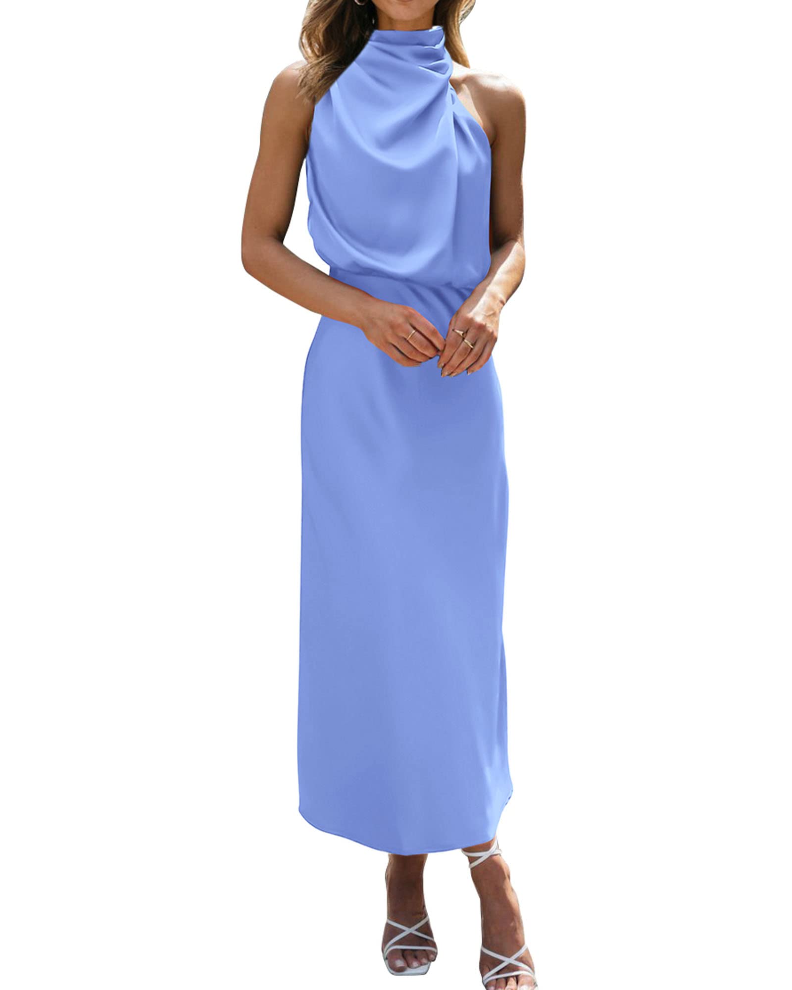 BTFBM Women Sleeveless Cocktail Dresses Fall Mock Neck Keyhole Elastic High Waist Evening Party Maxi Wedding Guest Dress - 7DAY'S