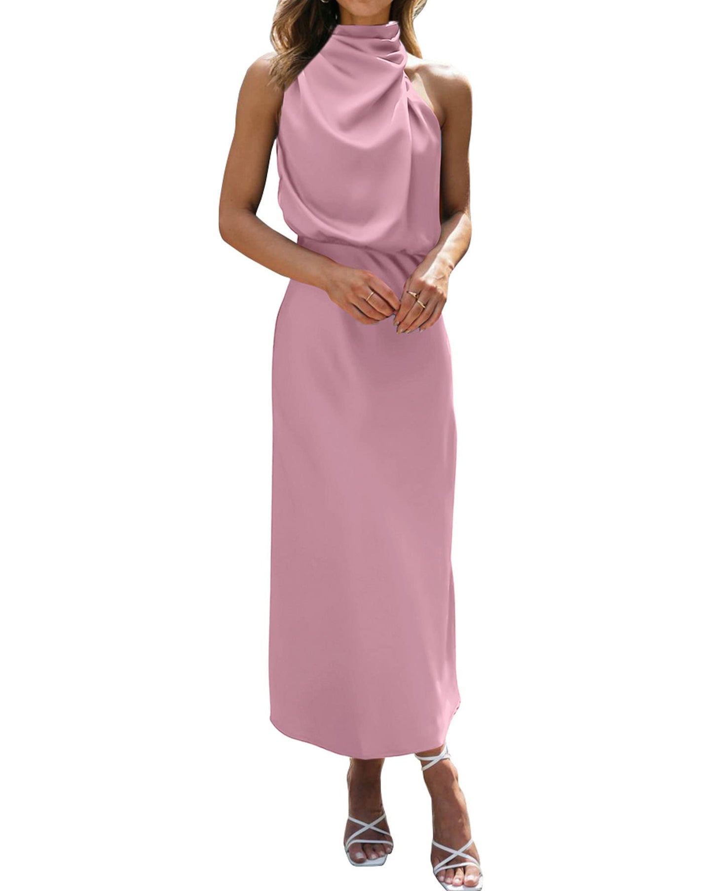BTFBM Women Sleeveless Cocktail Dresses Fall Mock Neck Keyhole Elastic High Waist Evening Party Maxi Wedding Guest Dress - 7DAY'S