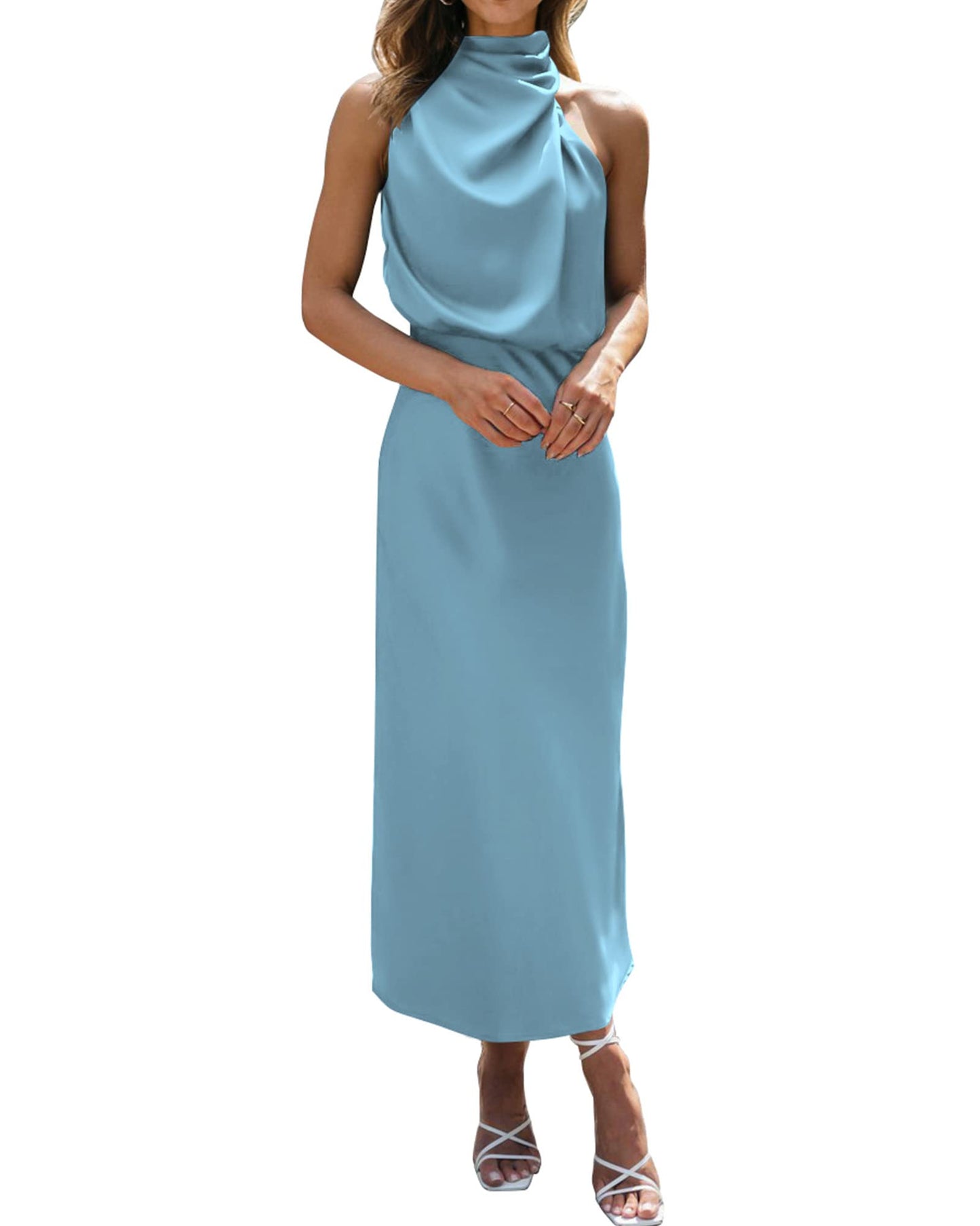BTFBM Women Sleeveless Cocktail Dresses Fall Mock Neck Keyhole Elastic High Waist Evening Party Maxi Wedding Guest Dress - 7DAY'S