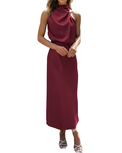 BTFBM Women Sleeveless Cocktail Dresses Fall Mock Neck Keyhole Elastic High Waist Evening Party Maxi Wedding Guest Dress - 7DAY'S
