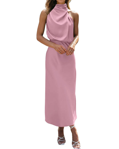 BTFBM Women Sleeveless Cocktail Dresses Fall Mock Neck Keyhole Elastic High Waist Evening Party Maxi Wedding Guest Dress - 7DAY'S