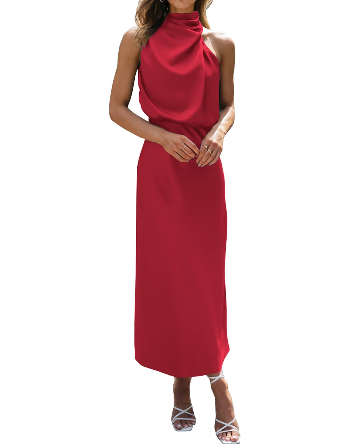 BTFBM Women Sleeveless Cocktail Dresses Fall Mock Neck Keyhole Elastic High Waist Evening Party Maxi Wedding Guest Dress - 7DAY'S