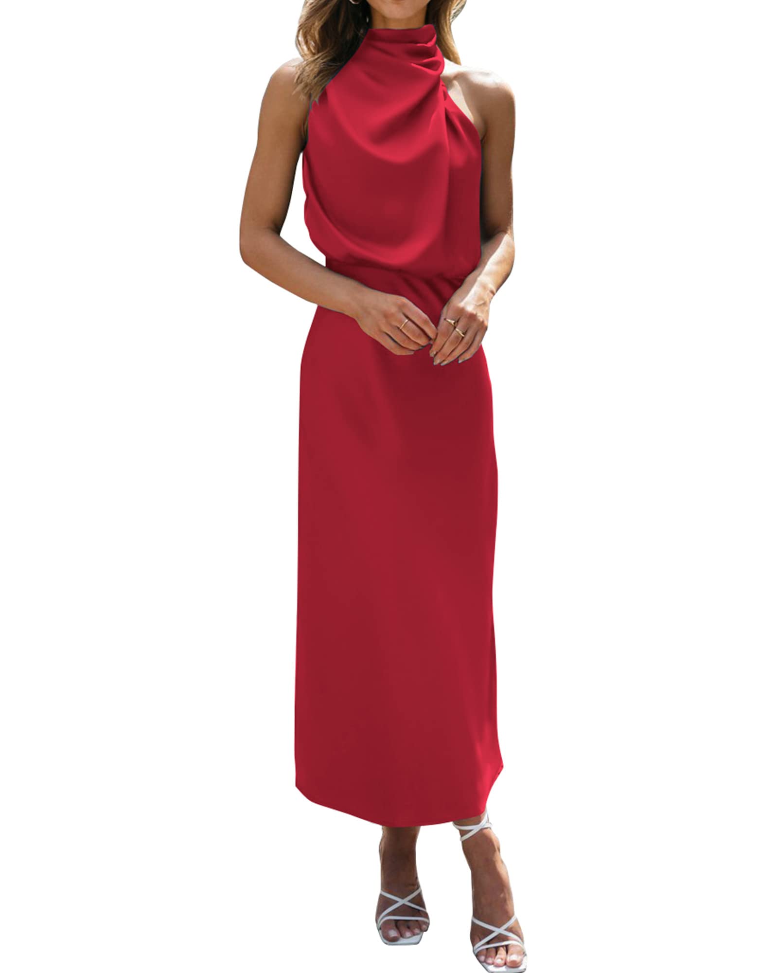 BTFBM Women Sleeveless Cocktail Dresses Fall Mock Neck Keyhole Elastic High Waist Evening Party Maxi Wedding Guest Dress - 7DAY'S