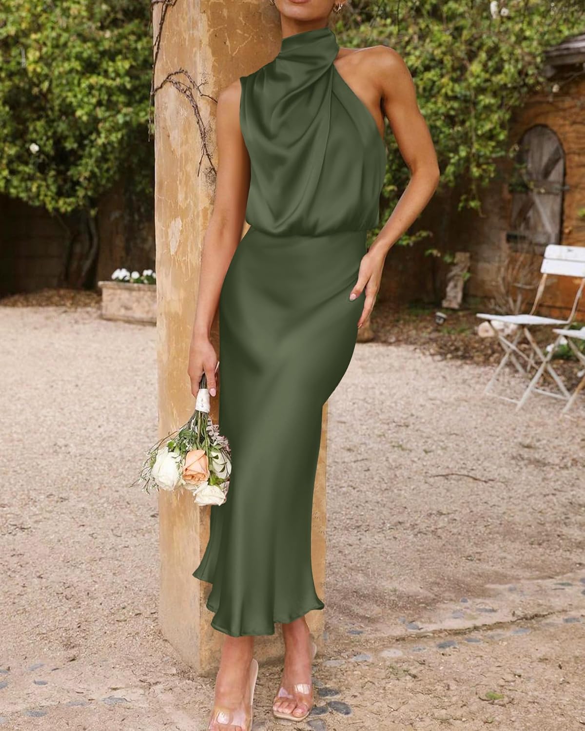 BTFBM Women Sleeveless Cocktail Dresses Fall Mock Neck Keyhole Elastic High Waist Evening Party Maxi Wedding Guest Dress - 7DAY'S