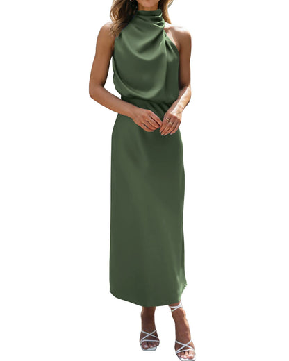 BTFBM Women Sleeveless Cocktail Dresses Fall Mock Neck Keyhole Elastic High Waist Evening Party Maxi Wedding Guest Dress - 7DAY'S