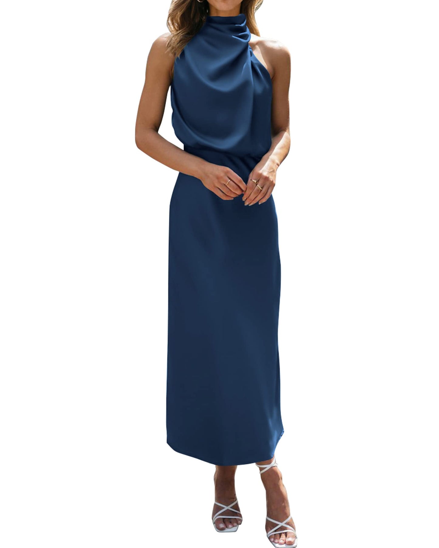BTFBM Women Sleeveless Cocktail Dresses Fall Mock Neck Keyhole Elastic High Waist Evening Party Maxi Wedding Guest Dress - 7DAY'S