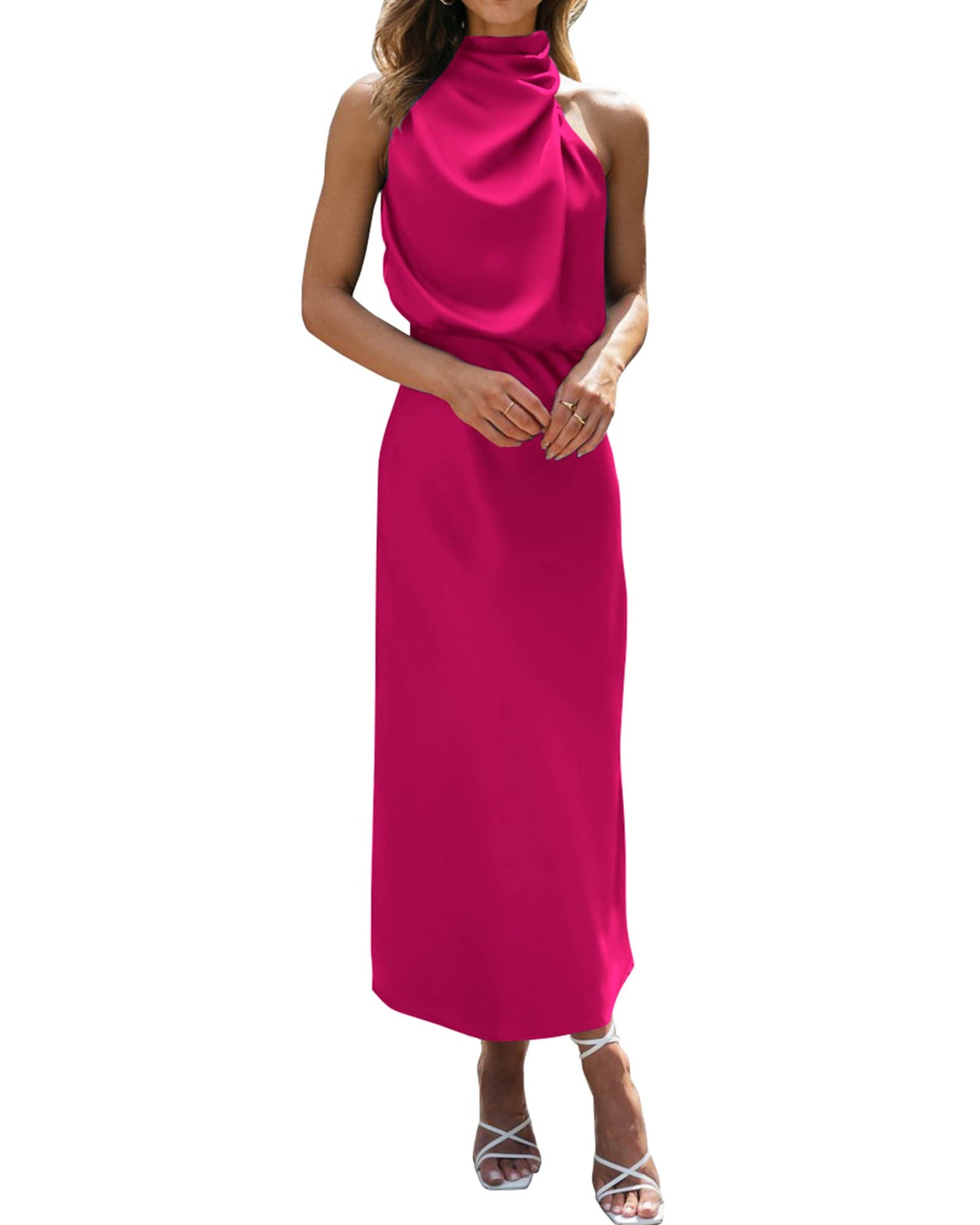 BTFBM Women Sleeveless Cocktail Dresses Fall Mock Neck Keyhole Elastic High Waist Evening Party Maxi Wedding Guest Dress - 7DAY'S