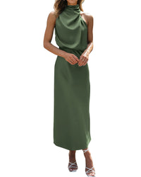 BTFBM Women Sleeveless Cocktail Dresses Fall Mock Neck Keyhole Elastic High Waist Evening Party Maxi Wedding Guest Dress - 7DAY'S
