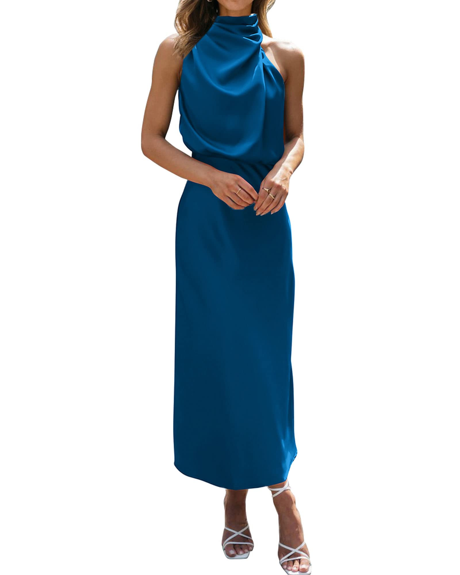BTFBM Women Sleeveless Cocktail Dresses Fall Mock Neck Keyhole Elastic High Waist Evening Party Maxi Wedding Guest Dress - 7DAY'S