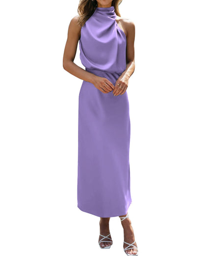 BTFBM Women Sleeveless Cocktail Dresses Fall Mock Neck Keyhole Elastic High Waist Evening Party Maxi Wedding Guest Dress - 7DAY'S