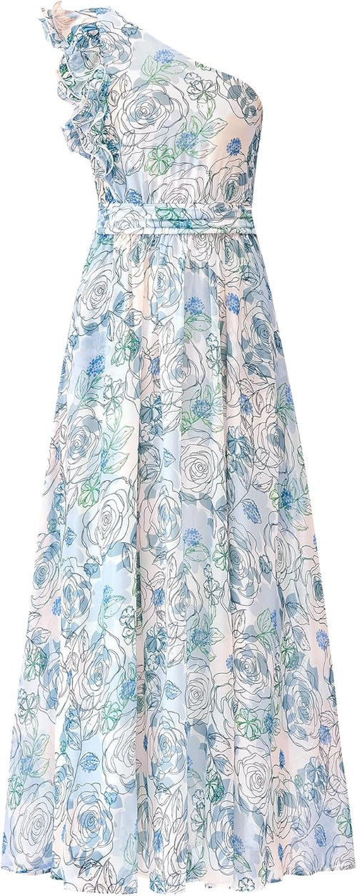 BTFBM Women Summer One Shoulder Floral Wedding Guest Dresses Sleeveless Smocked Ruffle Flowy Beach Vacation Maxi Dress