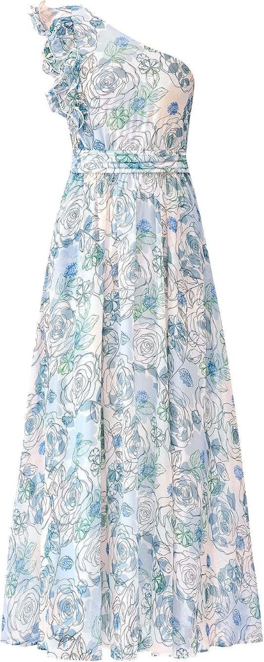 BTFBM Women Summer One Shoulder Floral Wedding Guest Dresses Sleeveless Smocked Ruffle Flowy Beach Vacation Maxi Dress - 7DAY'S