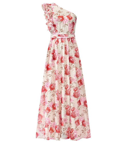BTFBM Women Summer One Shoulder Floral Wedding Guest Dresses Sleeveless Smocked Ruffle Flowy Beach Vacation Maxi Dress - 7DAY'S