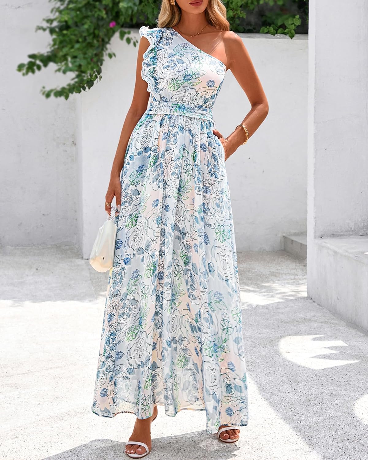 BTFBM Women Summer One Shoulder Floral Wedding Guest Dresses Sleeveless Smocked Ruffle Flowy Beach Vacation Maxi Dress - 7DAY'S