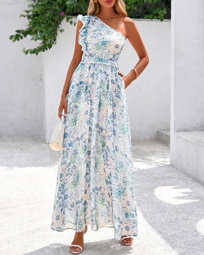 BTFBM Women Summer One Shoulder Floral Wedding Guest Dresses Sleeveless Smocked Ruffle Flowy Beach Vacation Maxi Dress - 7DAY'S