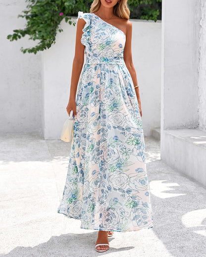 BTFBM Women Summer One Shoulder Floral Wedding Guest Dresses Sleeveless Smocked Ruffle Flowy Beach Vacation Maxi Dress - 7DAY'S