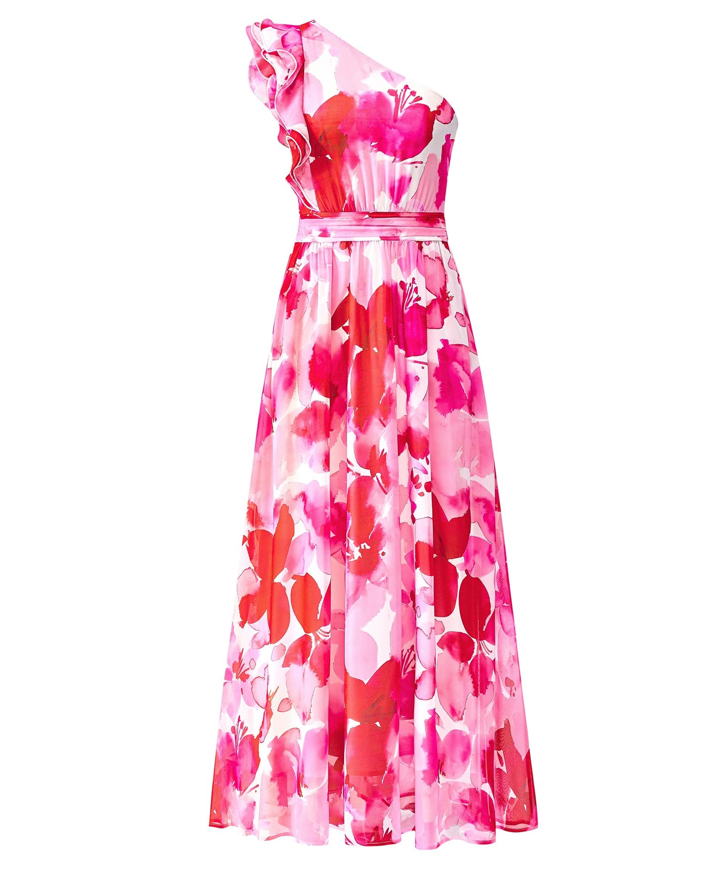 BTFBM Women Summer One Shoulder Floral Wedding Guest Dresses Sleeveless Smocked Ruffle Flowy Beach Vacation Maxi Dress - 7DAY'S