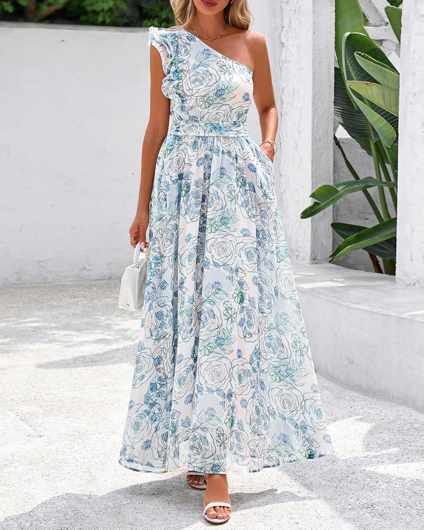 BTFBM Women Summer One Shoulder Floral Wedding Guest Dresses Sleeveless Smocked Ruffle Flowy Beach Vacation Maxi Dress - 7DAY'S
