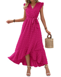 BTFBM Women V Neck Summer Dress 2025 Cap Sleeve Swiss Dot Boho Flowy Ruffle Slit Beach Party Long Maxi Cocktail Dresses - 7DAY'S