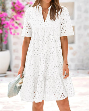 BTFBM Womens Boho Summer Dresses 2025 Resort V Neck Short Sleeve Hollow Out Lace Ruffle Casual Beach Mini Vacation Dress - 7DAY'S