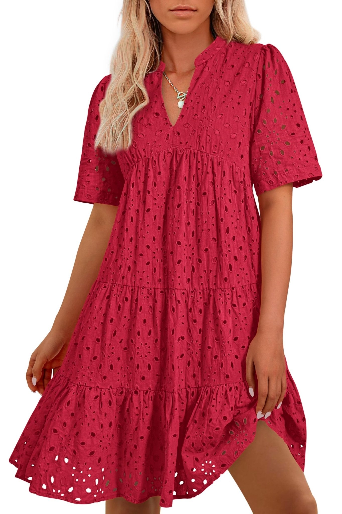 BTFBM Womens Boho Summer Dresses 2025 Resort V Neck Short Sleeve Hollow Out Lace Ruffle Casual Beach Mini Vacation Dress - 7DAY'S
