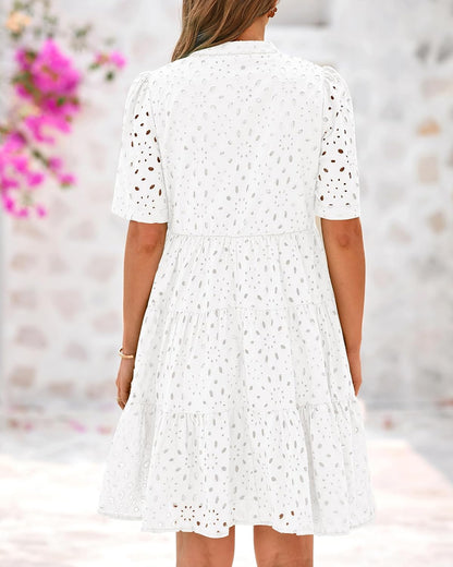 BTFBM Womens Boho Summer Dresses 2025 Resort V Neck Short Sleeve Hollow Out Lace Ruffle Casual Beach Mini Vacation Dress - 7DAY'S