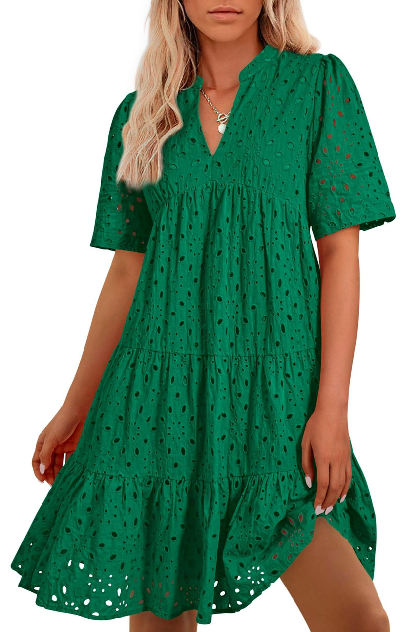 BTFBM Womens Boho Summer Dresses 2025 Resort V Neck Short Sleeve Hollow Out Lace Ruffle Casual Beach Mini Vacation Dress - 7DAY'S