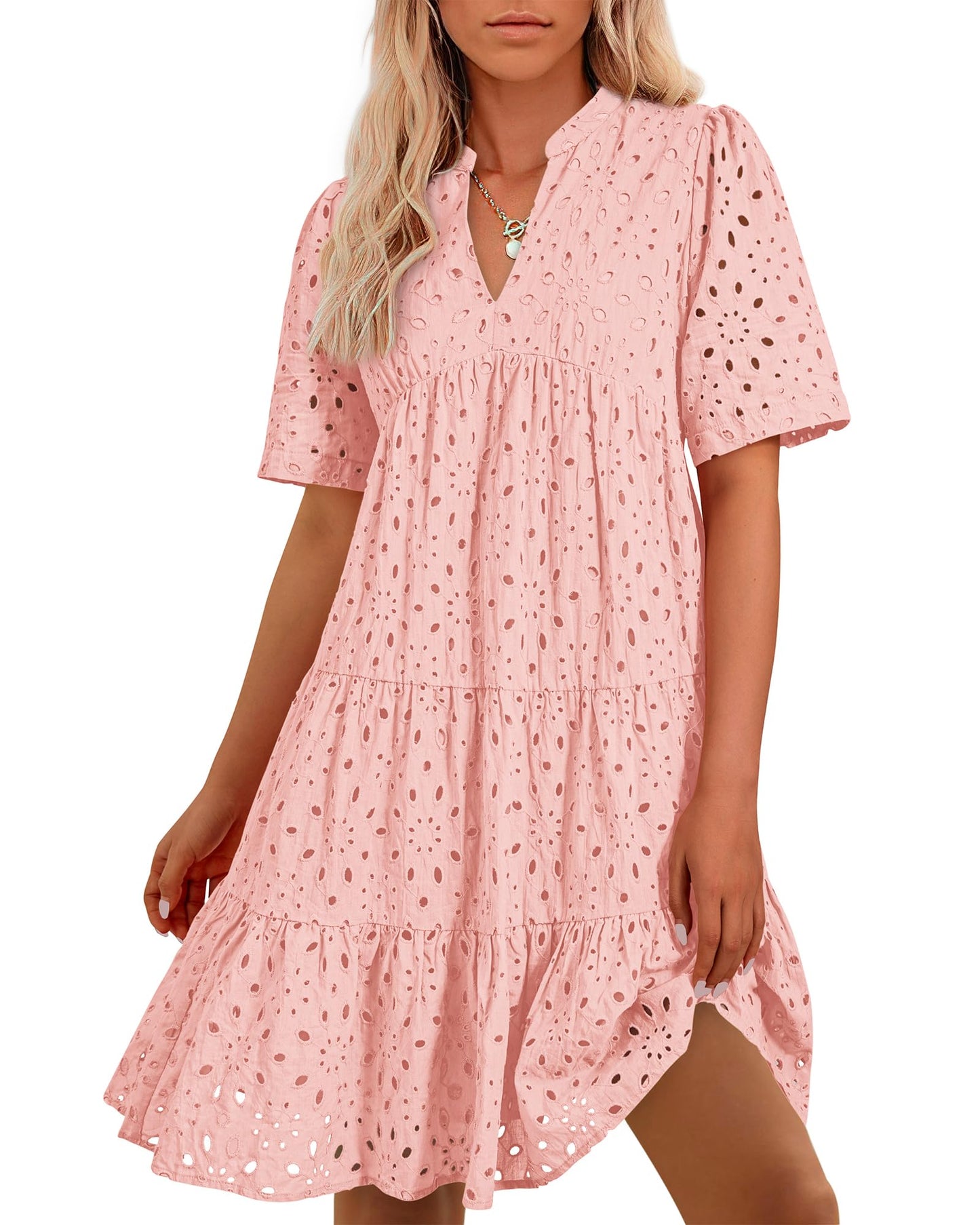 BTFBM Womens Boho Summer Dresses 2025 Resort V Neck Short Sleeve Hollow Out Lace Ruffle Casual Beach Mini Vacation Dress - 7DAY'S