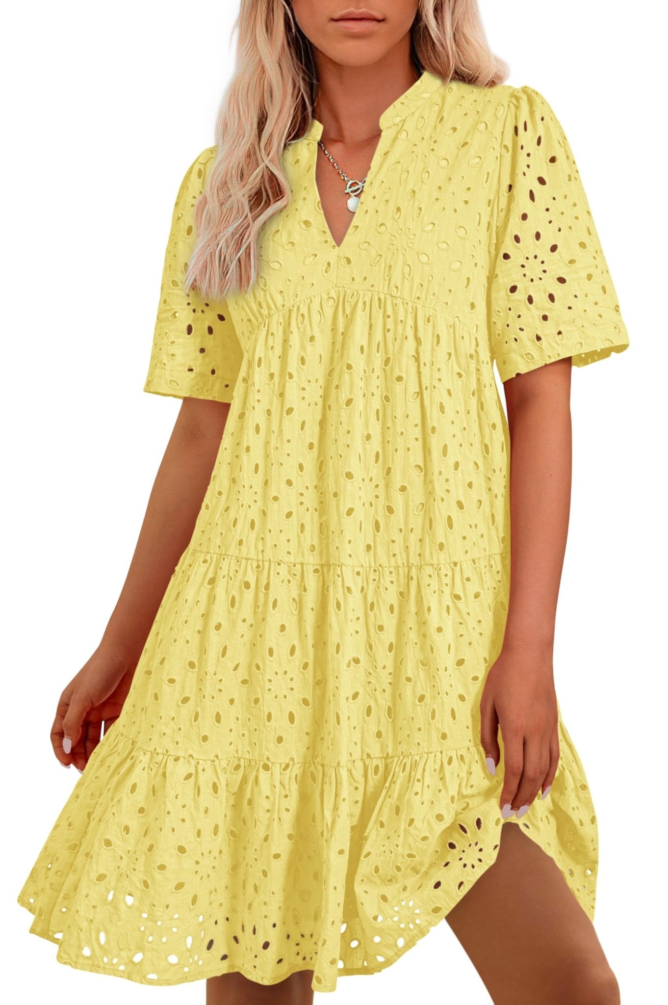 BTFBM Womens Boho Summer Dresses 2025 Resort V Neck Short Sleeve Hollow Out Lace Ruffle Casual Beach Mini Vacation Dress - 7DAY'S
