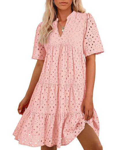 BTFBM Womens Boho Summer Dresses 2025 Resort V Neck Short Sleeve Hollow Out Lace Ruffle Casual Beach Mini Vacation Dress - 7DAY'S