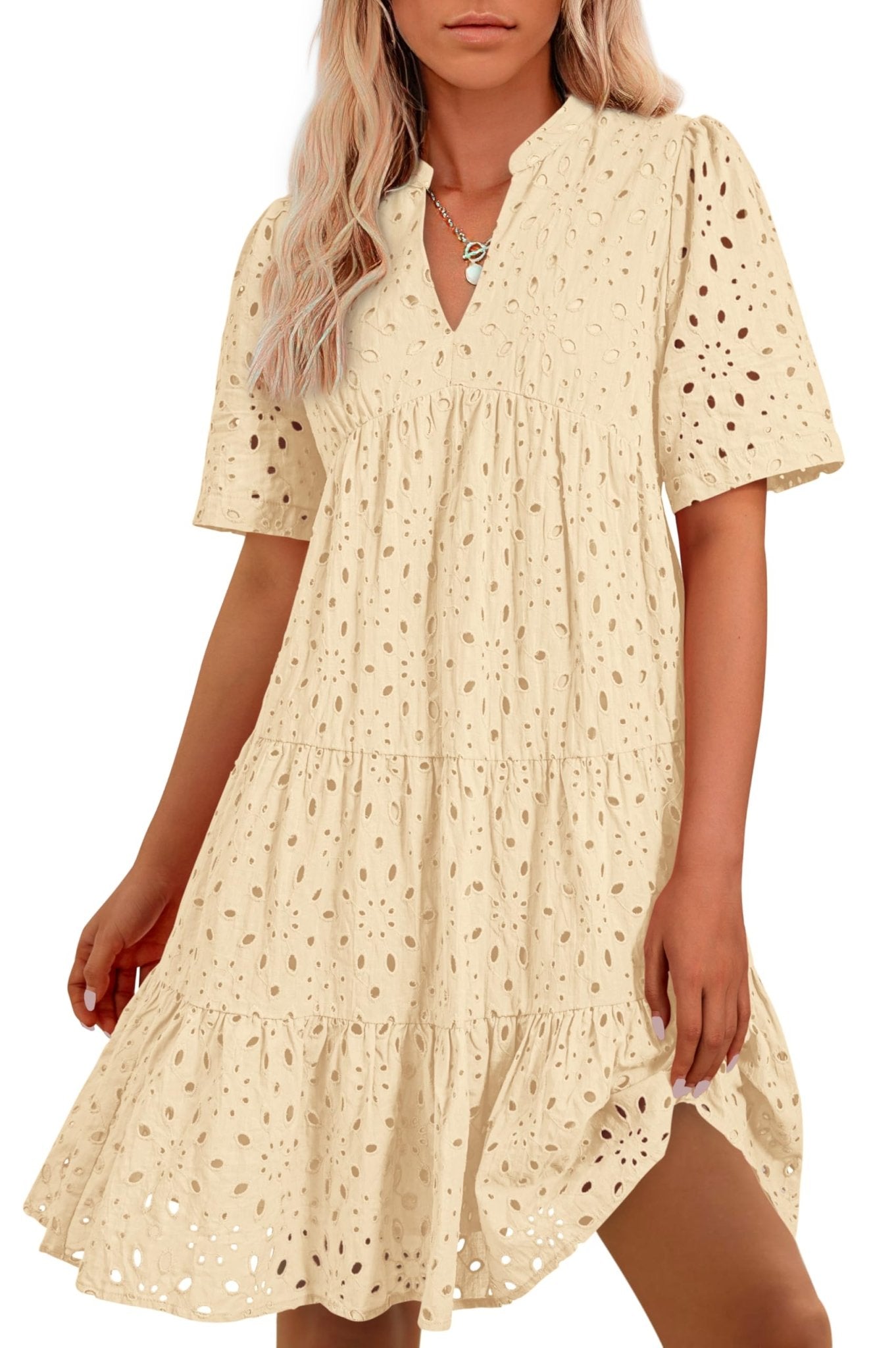 BTFBM Womens Boho Summer Dresses 2025 Resort V Neck Short Sleeve Hollow Out Lace Ruffle Casual Beach Mini Vacation Dress - 7DAY'S