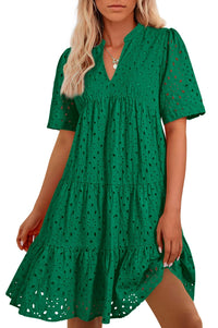 BTFBM Womens Boho Summer Dresses 2025 Resort V Neck Short Sleeve Hollow Out Lace Ruffle Casual Beach Mini Vacation Dress - 7DAY'S