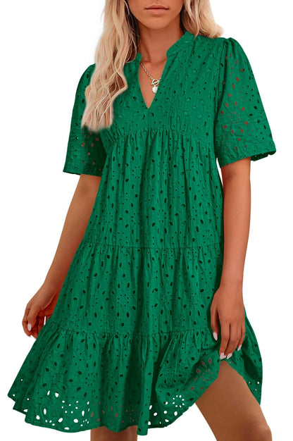BTFBM Womens Boho Summer Dresses 2025 Resort V Neck Short Sleeve Hollow Out Lace Ruffle Casual Beach Mini Vacation Dress - 7DAY'S