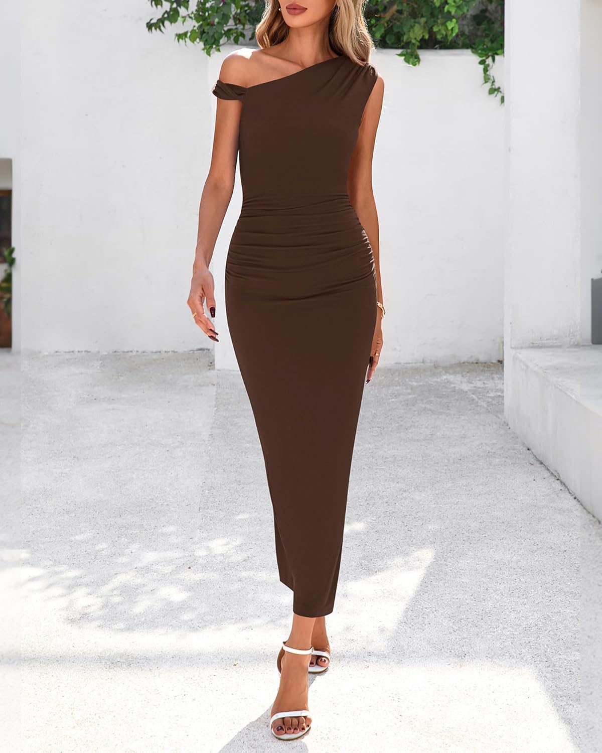 BTFBM Women's Formal Cocktail Dresses Fall 2025 One Shoulder Twist Strap Ruched Bodycon Elegant Wedding Party Maxi Dress - 7DAY'S