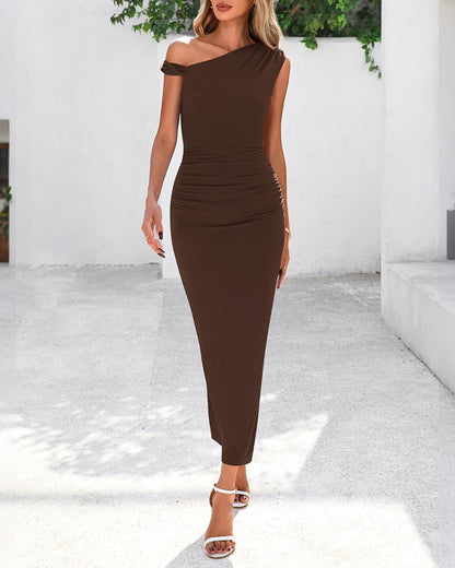 BTFBM Women's Formal Cocktail Dresses Fall 2025 One Shoulder Twist Strap Ruched Bodycon Elegant Wedding Party Maxi Dress - 7DAY'S