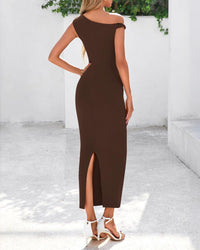 BTFBM Women's Formal Cocktail Dresses Fall 2025 One Shoulder Twist Strap Ruched Bodycon Elegant Wedding Party Maxi Dress - 7DAY'S