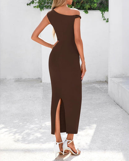 BTFBM Women's Formal Cocktail Dresses Fall 2025 One Shoulder Twist Strap Ruched Bodycon Elegant Wedding Party Maxi Dress - 7DAY'S